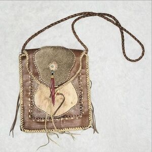 Genuine Leather Handmade Brown & Tan Western Crossbody Bag with Fur Detail! NWOT
